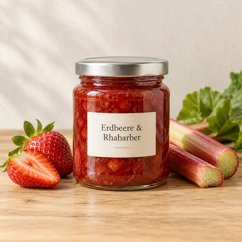 Erdbeer-Rhabarber-Fruchtaufstrich, ausdrücklich fiktives Produktbeispiel (FAKE)