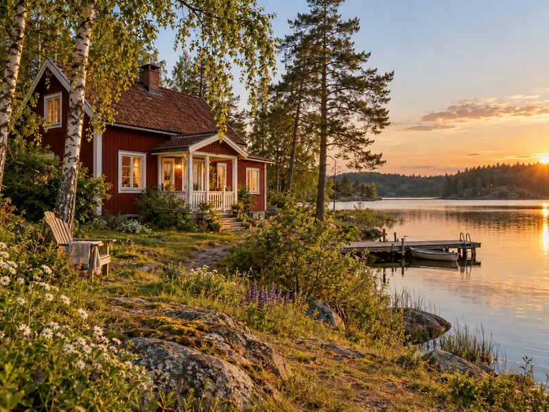 Rotes schwedisches Holzhaus am See mit Veranda und Steg – KI-generiertes Stimmungsbild